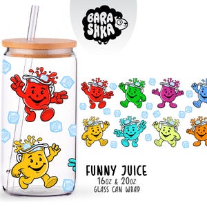 May include: A clear glass can with a bamboo lid and straw, featuring a cartoon character design. The design includes the text "FUNNY JUICE" and the words "16oz & 20oz GLASS CAN WRAP". The design also includes a variety of colorful cartoon characters.