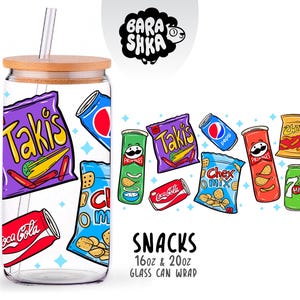 May include: A clear glass can with a bamboo lid and straw, decorated with a vibrant snack-themed design. The design includes illustrations of Takis, Chex Mix, Pringles, and Coca-Cola. The text "SNACKS" and size details are also included.
