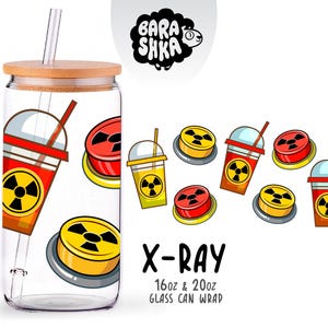 May include: A clear glass tumbler with a bamboo lid and glass straw, featuring a graphic print of red and yellow cups with radiation symbols and yellow buttons with radiation symbols. Text reads BARASHKA, X-RAY, 16oz & 20oz GLASS CAN WRAP.