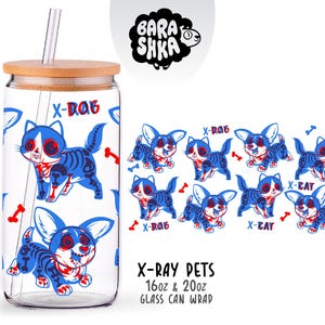 May include: A clear glass can-shaped tumbler with a bamboo lid and a straw. The tumbler features a repeating pattern of blue and red cartoon X-ray dogs and cats. The text "X-RAY PETS" is printed on the bottom.