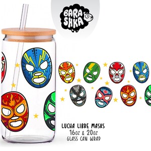 May include: A clear glass can-shaped cup with a bamboo lid and straw, featuring a repeating pattern of colorful lucha libre masks. The text "LUCHA LIBRE MASKS 16oz & 20oz GLASS CAN WRAP" is displayed below the masks.