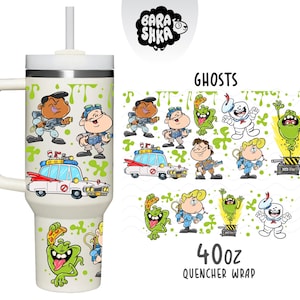 May include: A white 40oz Quencher Wrap featuring cartoon images of Ghostbusters characters and the Ecto-1 car. The design includes the word "GHOSTS" and the brand logo. The tumbler has a handle and a straw.