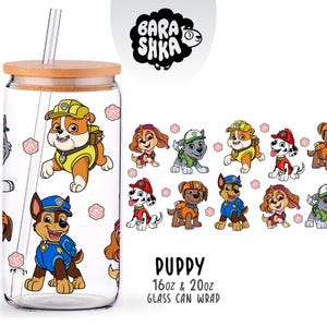 May include: A clear glass can-shaped tumbler with a bamboo lid and straw. The tumbler features cartoon images of various puppies. The text "PUPPY" is displayed below the images, along with the size of the glass can wrap.