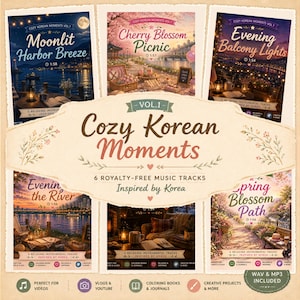 Op de afbeelding: Een digitale collectie getiteld Cozy Korean Moments Vol. 1 met zes muzieknummers en geïllustreerde covers, waaronder Moonlit Harbor Breeze, Cherry Blossom Picnic, Evening Balcony Lights, Evening the River en Spring Blossom Path.