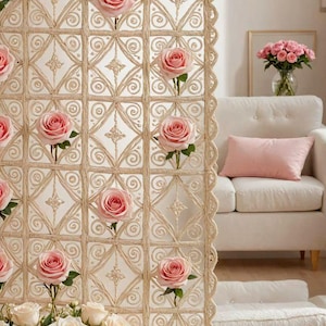 May include: A decorative screen with a lattice design, adorned with pink roses. The screen is made of a woven material and features a repeating pattern. A basket of white roses sits in front of the screen. The words "Ai generated" are in the top right corner.