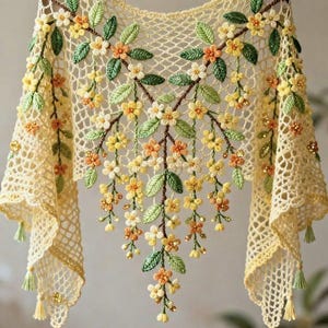 Puede incluir: Un chal de ganchillo color crema con un diseño floral. El chal presenta ramas bordadas con flores amarillas, naranjas y blancas, junto con hojas verdes. Los bordes están acabados con borlas.