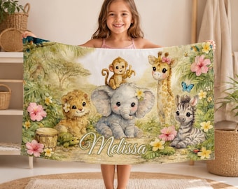 Personalisierte Safari Strandtuch Kinder benutzerdefinierte Name Tier Handtuch Baby Kleinkind Pool Geschenk
