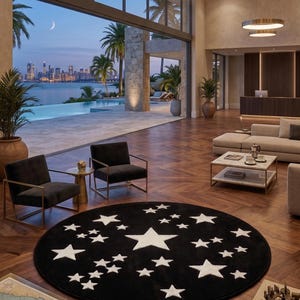 Black Celestial Round Rug, Hand-Tufted Starburst Carpet, Gothic Minimalist Home Decor