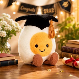 May include: A plush toy shaped like a fried egg, wearing a black graduation cap with a gold tassel. The egg has a smiling face and brown corduroy feet. A diploma, books, and a banner that says "Congrats Grad" are in the background.
