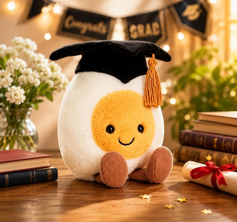 May include: A plush toy shaped like a fried egg, wearing a black graduation cap with a gold tassel. The egg has a smiling face and brown corduroy feet. A diploma, books, and a banner that says "Congrats Grad" are in the background.