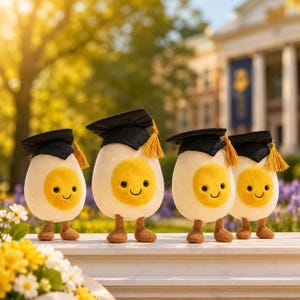 May include: Four plush egg characters wearing black graduation caps with gold tassels. Each egg has a yellow yolk face with a smiling expression and brown feet. The background includes a university building and flowers.