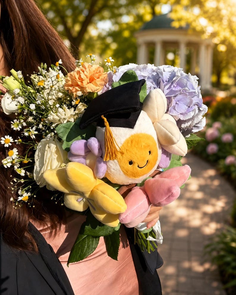 May include: A colorful bouquet featuring a plush egg character wearing a graduation cap. The bouquet includes yellow, pink, and purple plush flowers, and real flowers in shades of white, orange, and purple. The background is a blurred outdoor scene.