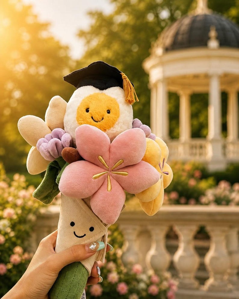 May include: A plush bouquet featuring a smiling fried egg wearing a graduation cap, surrounded by fabric flowers in shades of pink, yellow, and purple. The bouquet is wrapped in a cone with a smiling face.