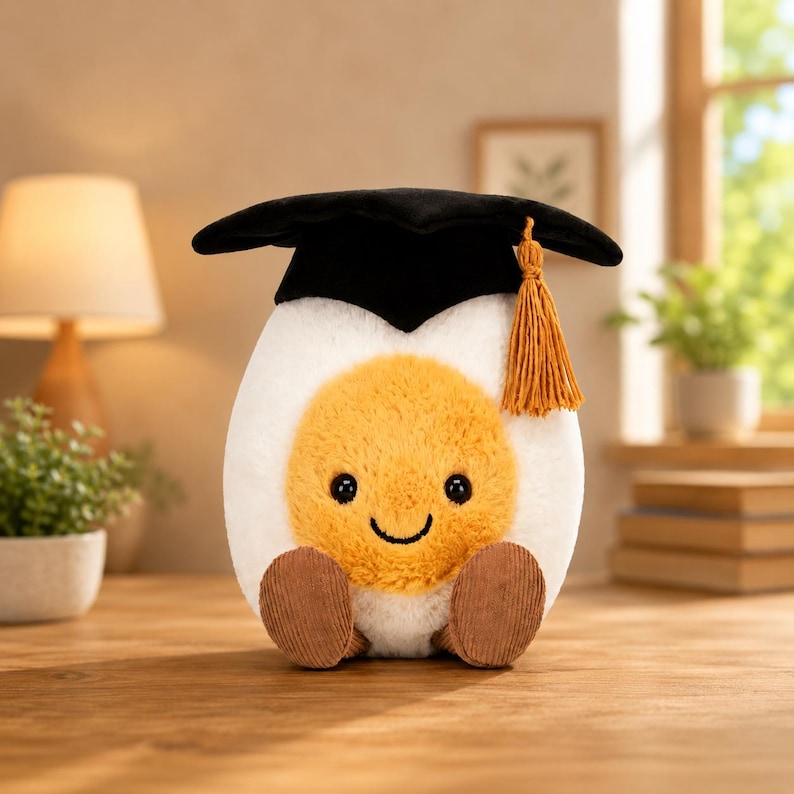 May include: A plush toy shaped like a fried egg, wearing a black graduation cap with a gold tassel. The egg has a yellow yolk, a smiling face, and brown corduroy feet. The toy is sitting on a wooden surface.