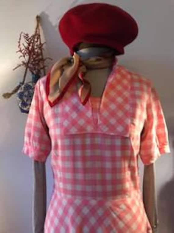 pink/white plaid dress 70s