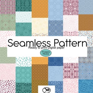Peut inclure: Une collection de 16 packs de papiers numériques avec divers motifs sans couture. Les motifs comprennent des motifs floraux, géométriques et abstraits dans des tons de teal, bleu, orange, rose et marron. Le texte "Seamless Pattern" est affiché.