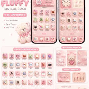 May include: Pink "FLUFFY" iOS icon pack with a teddy bear illustration. Includes over 60 app icons, a pastel theme, and easy-to-use instructions. Features app previews, a wallpaper preview, and a widget preview.