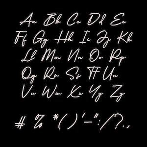 May include: A white cursive alphabet, including upper and lower case letters, and punctuation marks, is displayed against a black background. The letters are handwritten and elegant.