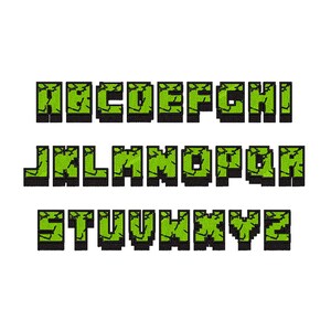 May include: A complete alphabet in a pixelated font style. The letters are green with a textured appearance and black outlines, set against a white background. The font is blocky and reminiscent of a video game aesthetic.