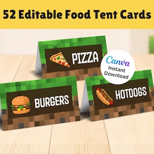 May include: A set of 52 editable food tent cards featuring a pixelated green and brown block pattern. The cards display illustrations of a pizza slice, a burger, and a hotdog with white pixelated text labels reading PIZZA, BURGERS, and HOTDOGS.