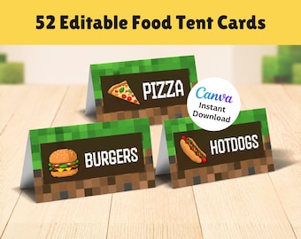 Peut inclure: Un ensemble de 52 cartes de table alimentaires modifiables avec un motif de blocs pixelisés verts et marron. Les cartes présentent des illustrations de part de pizza, de burger et de hot-dog avec des étiquettes en texte blanc pixelisé.