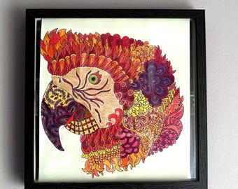 Hand Colored Parrot Portrait — Framed Wall Art, Fiery Bird Illustration, Maximalist Home Decor