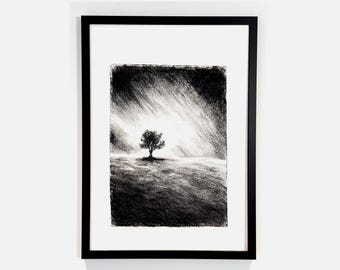 Dibujo original a carboncillo de un árbol solitario, tamaño A3 / Paisaje melancólico para pared, papel Khadi.