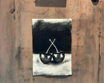 Bodegón de cerezas para pared, dibujo original a carboncillo, bodegón oscuro y melancólico, arte de cocina en blanco y negro, NO ES UNA IMPRESIÓN