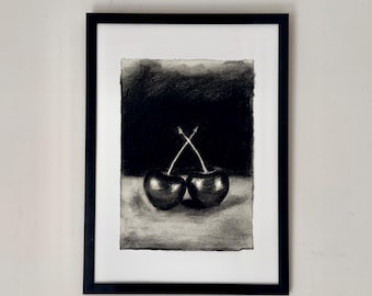 Cherry Still Life Wall Art, Original Charcoal Drawing, Moody Dark Still Life, Black & White Kitchen Art, NOT A PRINT