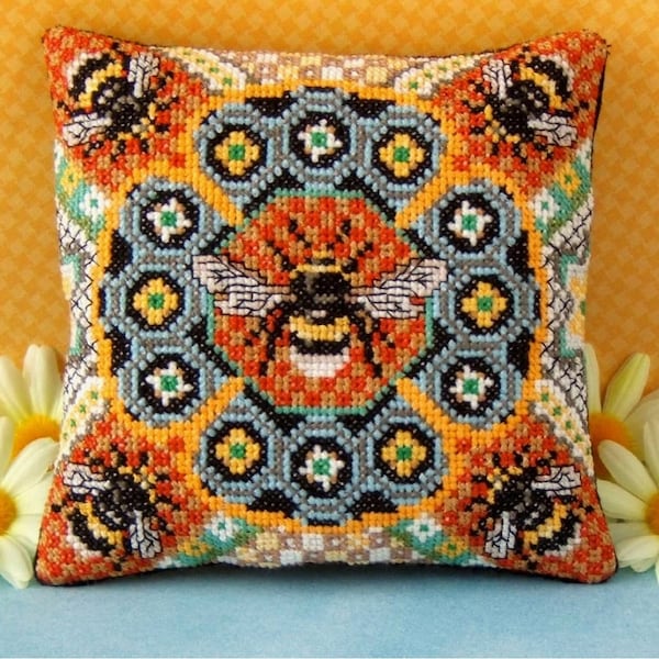 Bumble Bees Counted Cross Stitch Mini Cushion Kit, Sheena Rogers Designs