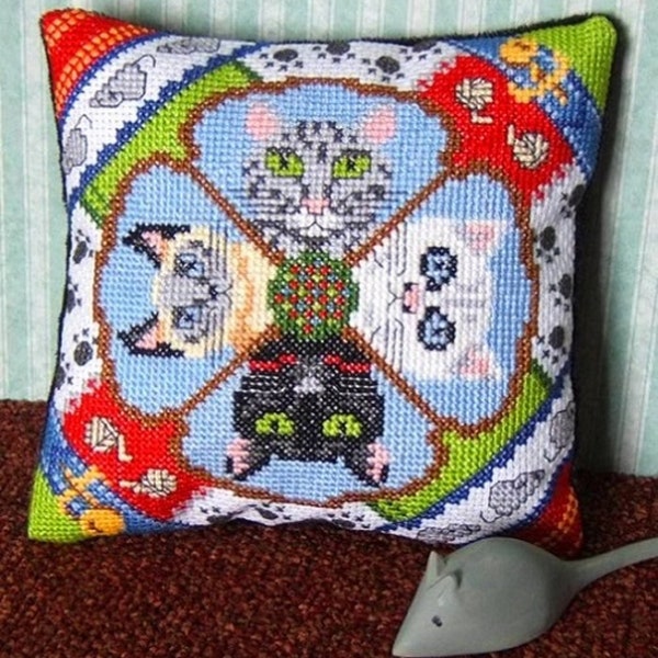 Cool Cats Counted Cross Stitch Mini Cushion Kit, Sheena Rogers Designs