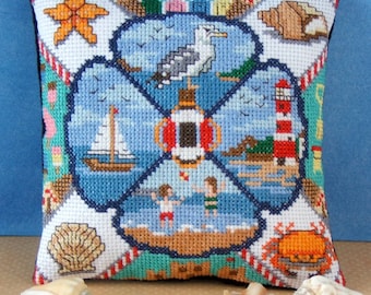 Beside the Seaside Counted Cross Stitch Mini Cushion Kit, Sheena Rogers Designs