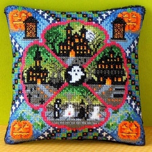 Halloween Village Counted Cross Stitch Mini Cushion Kit, Sheena Rogers Designs