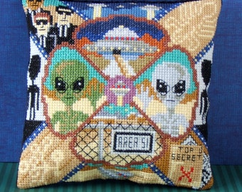 Aliens & UFOs Mini Cushion Cross Stitch Kit, Sheena Rogers Designs