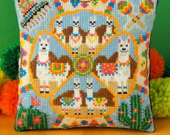 Llama Party Counted Cross Stitch Mini Cushion Kit, Sheena Rogers Designs