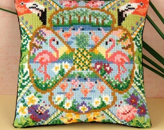 The Pink Flamingo Counted Cross Stitch Mini Cushion Kit, Sheena Rogers Designs
