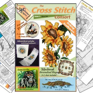 K&ouml;nnte beinhalten: Titelseite der Zeitschrift 'The Cross Stitch Consort' mit Kreuzstichmustern. Enth&auml;lt Designs f&uuml;r Sonnenblumen, einen Puffin-Untersetzer, eine Blumenkarte, ein Lesezeichen, ein Gorillakissen und eine personalisierte Plakette. Ausgabe 1, Winter 2015.