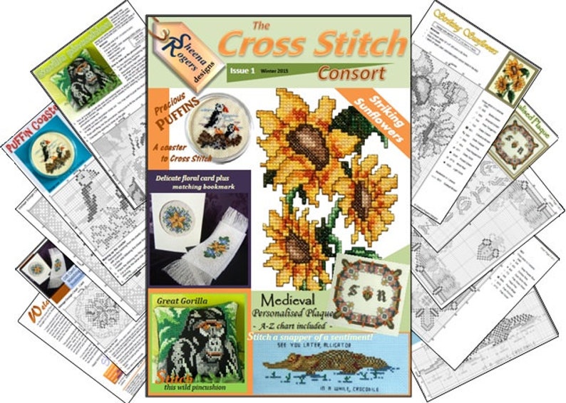 K&ouml;nnte beinhalten: Titelseite der Zeitschrift 'The Cross Stitch Consort' mit Kreuzstichmustern. Enth&auml;lt Designs f&uuml;r Sonnenblumen, einen Puffin-Untersetzer, eine Blumenkarte, ein Lesezeichen, ein Gorillakissen und eine personalisierte Plakette. Ausgabe 1, Winter 2015.