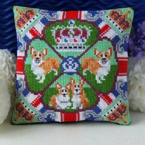 The Queen's Corgis Counted Cross Stitch Mini Cushion Kit, Sheena Rogers Designs