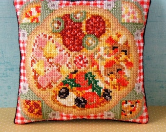 Pizza Counted Cross Stitch Mini Cushion Kit, Sheena Rogers Designs