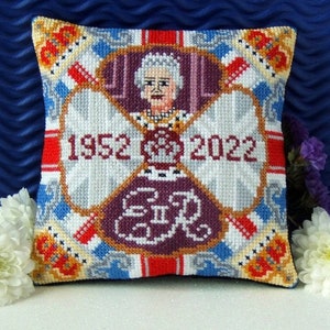 Queen Elizabeth II's Platinum Jubilee / Memorial Counted Cross Stitch Mini Cushion Kit, Sheena Rogers Designs