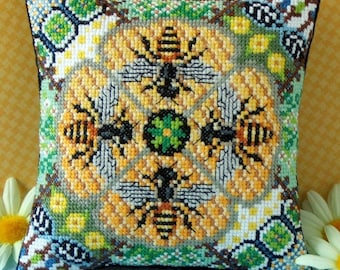 Honey Bees Counted Cross Stitch Mini Cushion Kit, Sheena Rogers Designs