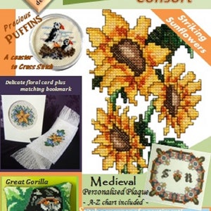 K&ouml;nnte beinhalten: Ein Magazin-Cover f&uuml;r "The Cross Stitch Consort" mit Kreuzstich-Designs. Das Cover zeigt Bilder eines Papageientaucher-Untersetzers, Sonnenblumen, eines Gorilla-Kissens, einer personalisierten Plakette und eines Alligators. Das Magazin ist Ausgabe 1, Winter 2015.