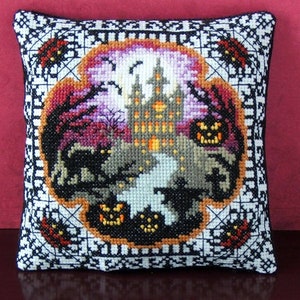 Halloween House on the Hill Counted Cross Stitch Mini Cushion Kit, Sheena Rogers Designs