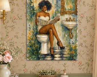 Schwarze Frau Kunst für Gästetoilette Feminines Dekor für modernes Boho Schwester Badezimmer Urban Funky WC-Dekor Wand-Kunst-Idee für Damentoilette