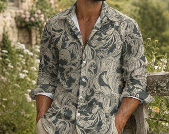 Ropa Art Nouveau Light Academia para papá, estilo Oxford de lino sintético inspirado en William Morris con bolsillo, ropa victoriana para hombre para novio, camisa abotonada