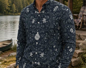 Vatertag Jugendstil Light Academia Vintage Herrenmode Button Up Boyfriend Cottagecore Shirt William Morris Inspire Groomsman Geschenk für Männer