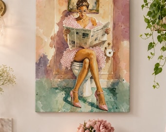 Witzige Badezimmer-Toiletten-Deko, ausgefallene Wandkunst, feminines Geschenk für Mama, tolles Geschenk für die beste Freundin, Scheidungsgeschenk, Frau liest, verspielter Kunstdruck