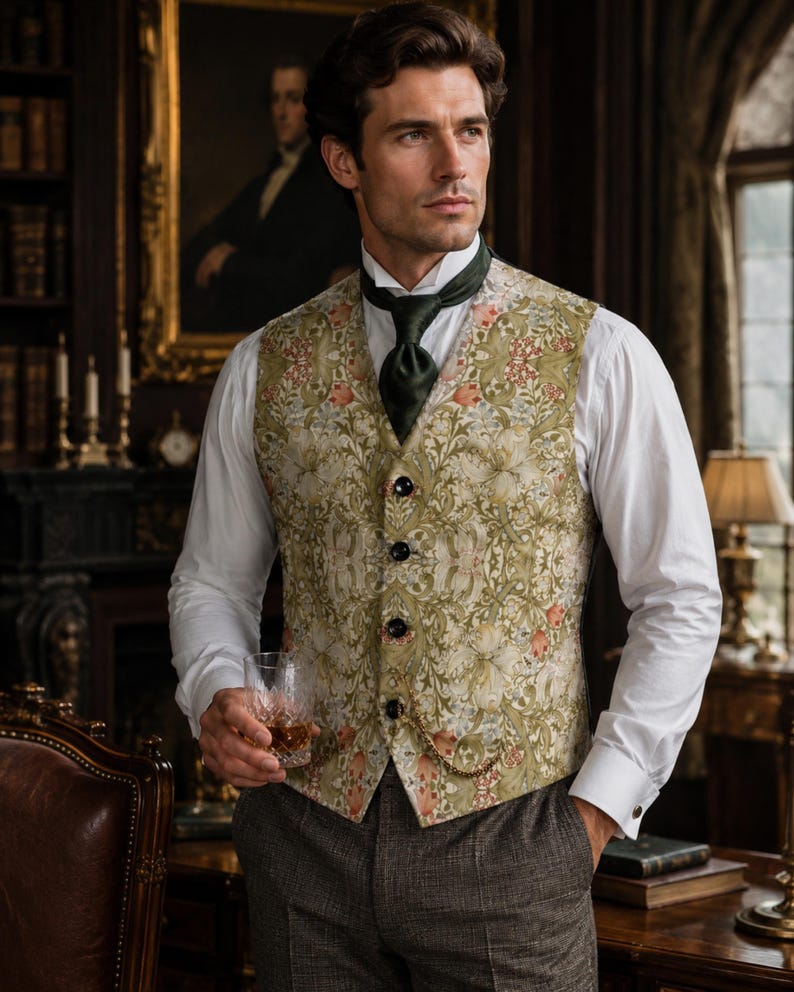 Puede incluir: Un chaleco sin mangas con un estampado floral en verde claro y crema, cuatro botones oscuros y un detalle de cadena dorada. El chaleco se lleva sobre una camisa blanca de manga larga con una corbata verde oscuro y pantalones gris oscuro.
