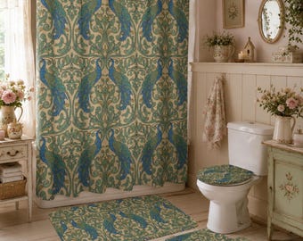 Mama Geschenk Vintage Dusche Toile de Jouy Grünes Badezimmer William Morris inspirierte Pulverraum-Set Vögel & Reben Badematten-Set Shabby Chic Vorhänge